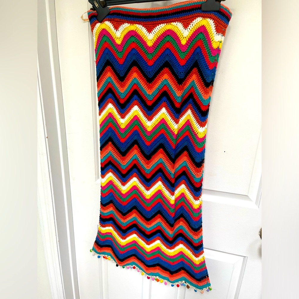 Farm Rio, $228 retail. Multicolor knitted skirt, with pom-pom hem, size medium.